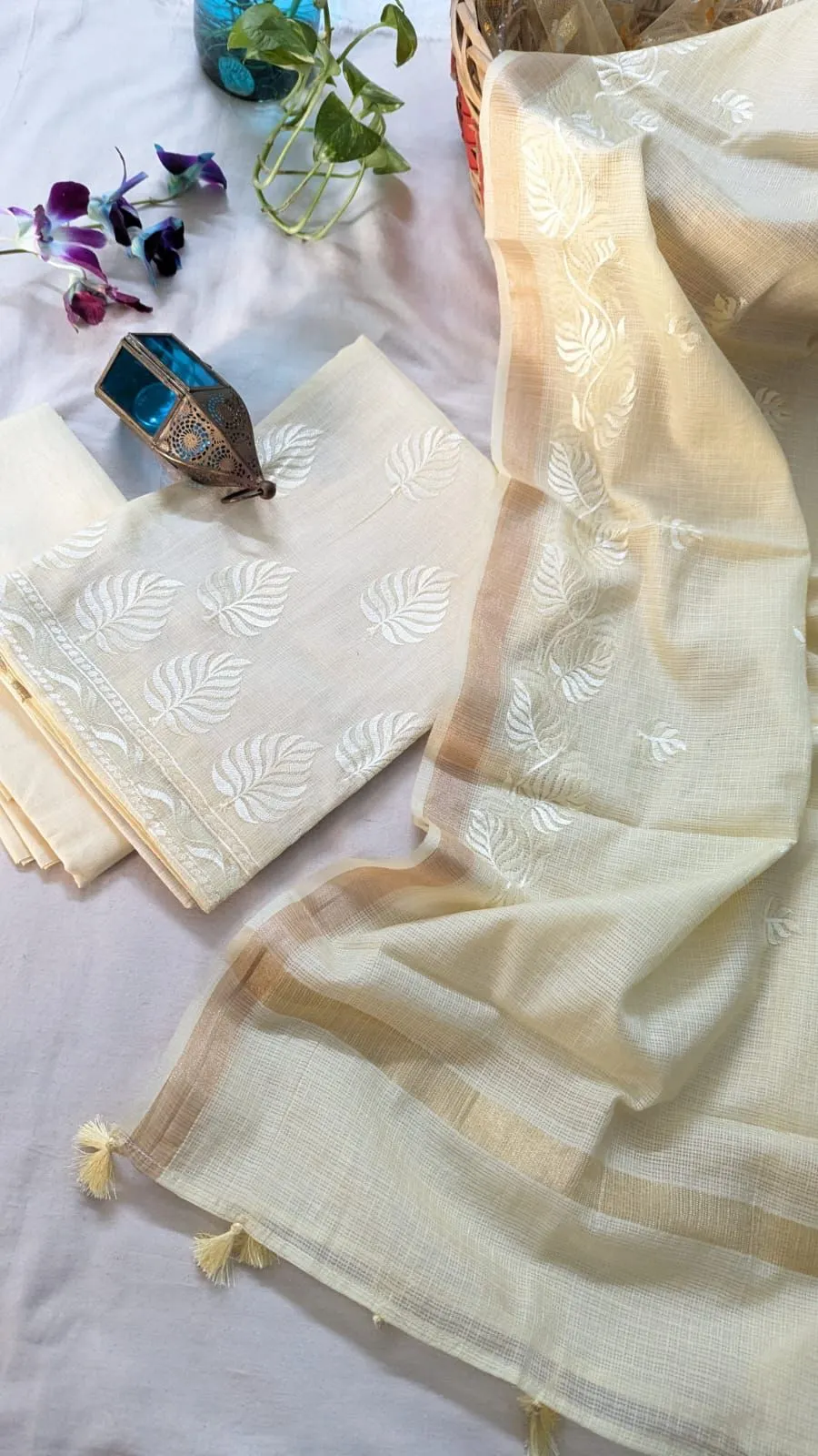Kota Doriya Fabric With Fine Mini Checks Design and Intricate Floral Embroidery Work